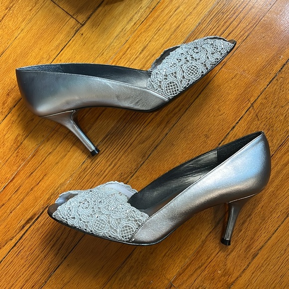 Stuart Weitzman Shoes - Stuart Weitzman Silver Chantilly Peep Toe Heels Size 8.5